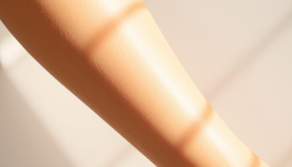 A close-up photograph of a person's leg, showcasing the successful results of spider vein removal treatment at Capri Med Spa in Studio City. The smooth, unblemished skin is illuminated by soft, natural lighting, casting a warm, soothing glow. The image is shot at a slight angle, capturing the contours of the leg and highlighting the dramatic improvement in skin texture and appearance. The overall mood is one of tranquility and satisfaction, conveying the client's happiness with the Capri Med Spa's expert spider vein removal services.