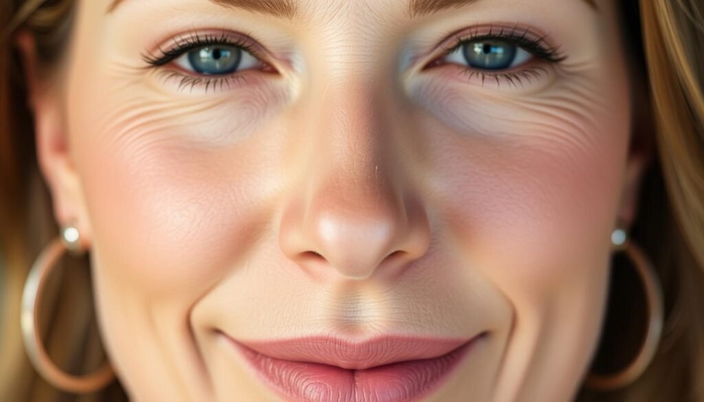 A close-up portrait of a woman's face, showcasing the effects of Sculptra facial rejuvenation treatment. The skin appears smoother, more youthful, and radiant, with a natural and healthy glow. The midface and cheekbones are subtly lifted, creating a more defined and sculpted look. The lighting is soft and flattering, accentuating the natural contours of the face. The background is blurred, keeping the focus on the subject's face. The overall mood is one of confidence and a renewed sense of vitality. The treatment is being showcased at Capri Med Spa in Studio City.
