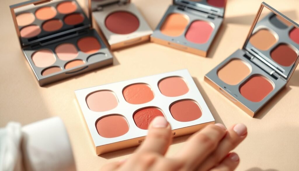 A close-up shot of a selection of lip blush color palettes displayed on a soft, beige background. The palettes feature an array of natural, muted tones ranging from soft pinks to peachy nudes, all housed in sleek, minimalist packaging. Gentle, warm studio lighting casts a flattering glow, highlighting the velvety textures and subtle sheen of the lip products. In the foreground, a hand gently touches one of the color swatches, showcasing the ease of selection. The overall scene conveys a sense of refinement and thoughtful curation, reflecting the expertise of Capri Med Spa in helping clients find the perfect lip blush shade.