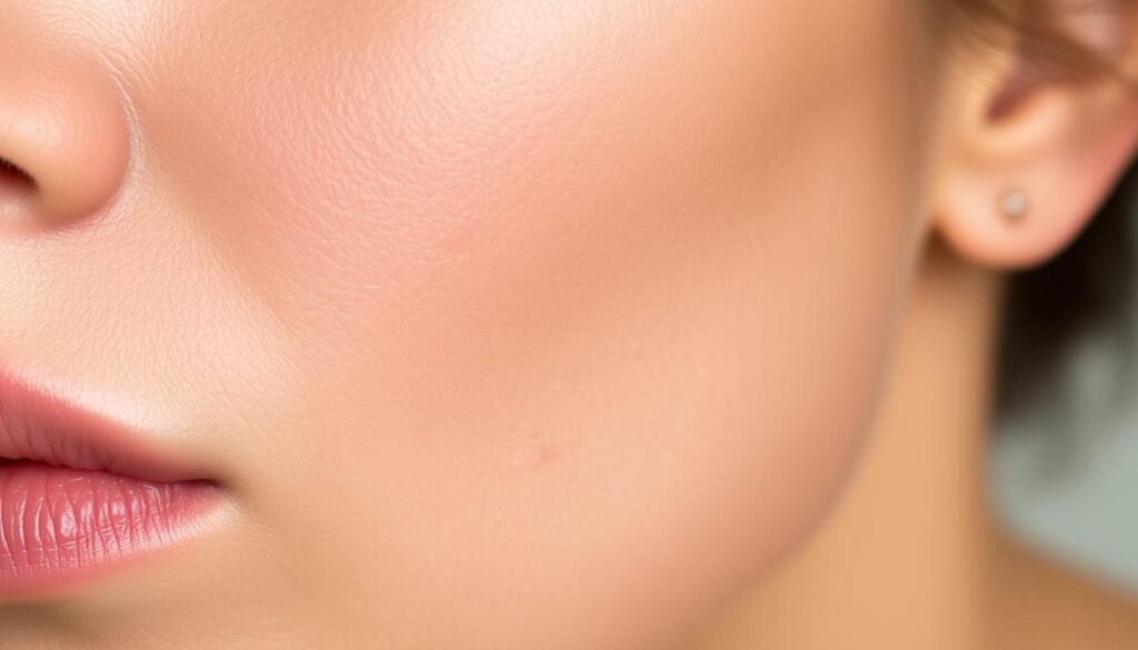 A close-up shot of a smooth, radiant skin with faded acne scars, evenly illuminated by soft, diffused lighting. The skin appears healthy and blemish-free, with a slight glow, as if recently treated at the Capri Med Spa in Studio City. The background is blurred, keeping the focus on the skin's texture and tone. The image conveys a sense of confidence and clarity, dispelling myths about the difficulty of acne scar treatment.