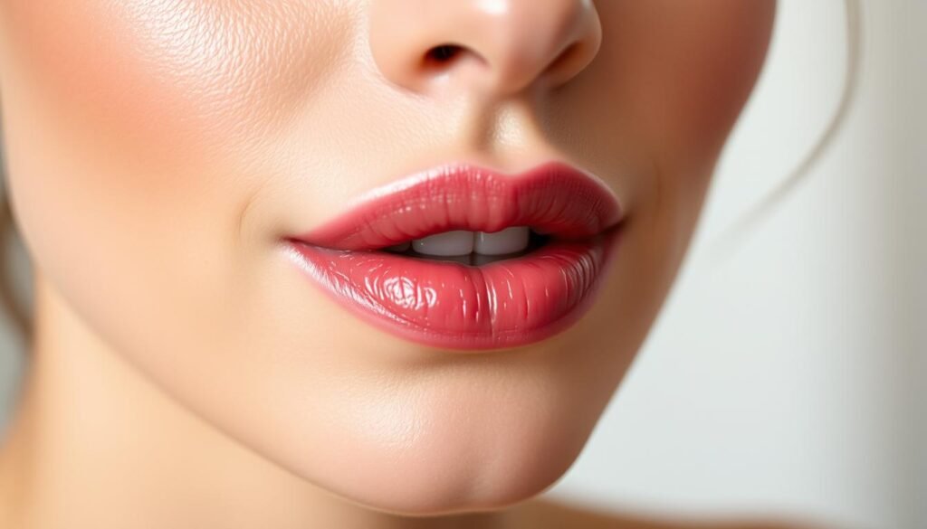 A close-up shot of a woman's lush, naturally flushed lips against a soft, blurred background. The lips have a subtle, radiant sheen, achieved through the lip blushing procedure at Capri Med Spa in Sherman Oaks. The lighting is soft and diffused, creating a warm, intimate atmosphere. The angle is slightly angled upwards, highlighting the natural curve and definition of the lips. The overall impression is one of healthy, vibrant, and youthful-looking lips.