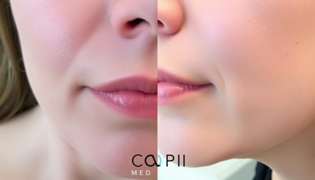 A close-up view of a patient's chin, showcasing the Kybella treatment process. The skin appears smooth and youthful, with a subtle, natural-looking reduction in the appearance of submental fullness. The lighting is soft and diffused, highlighting the contours of the chin and jawline. In the background, the Capri Med Spa logo is visible, subtly indicating the location where this treatment is provided.