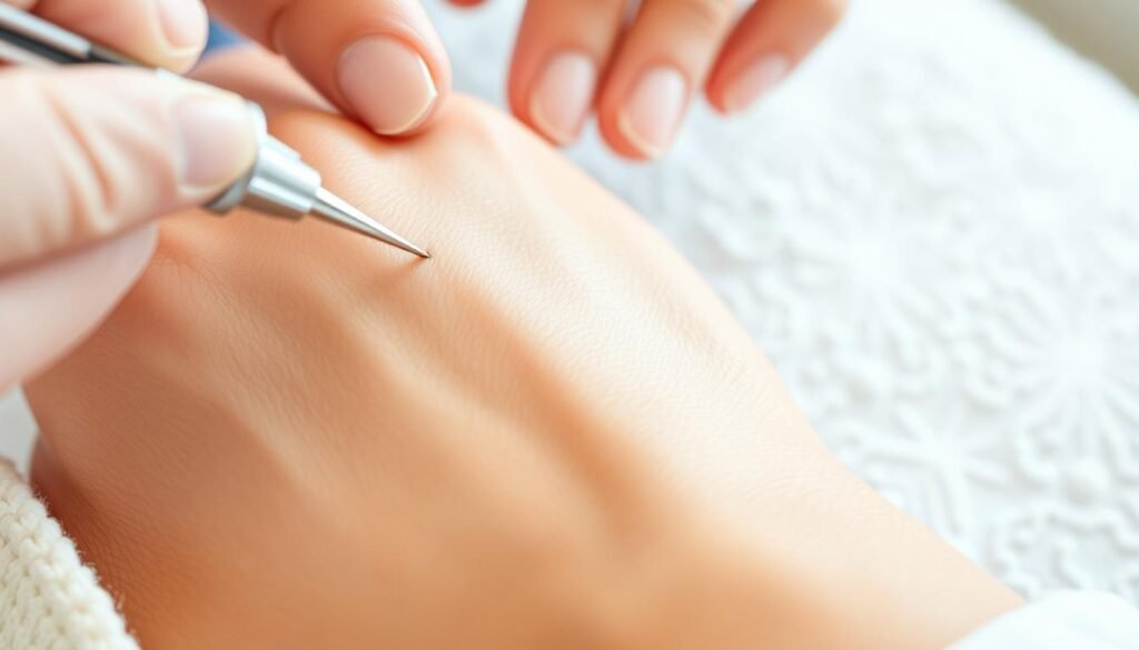 A close-up view of a person's hand undergoing microneedling treatment at the Capri Med Spa. The skin is gently punctured by fine needles, creating microscopic channels that stimulate collagen production and skin rejuvenation. The treatment is shown in a soft, natural lighting, with a blurred background that suggests a serene, spa-like environment. The image conveys the benefits of microneedling, such as reduced wrinkles, improved skin texture, and a more youthful, radiant appearance.