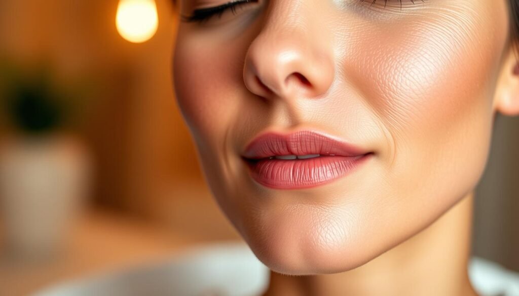 A close-up view of a woman's face, with her skin illuminated by soft, warm lighting. The skin appears visibly smoother, with a radiant, youthful glow. The foreground focuses on the face, showcasing the benefits of microneedling as performed at Capri Med Spa, with the middle ground revealing the serene, relaxing atmosphere of the spa. The background is blurred, creating a sense of depth and focus on the subject. The overall mood is one of rejuvenation, tranquility, and the transformative power of Capri Med Spa's microneedling treatments.