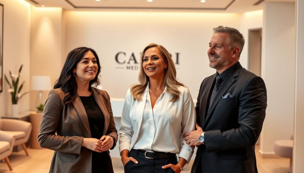 A group of Dysport experts standing in a modern, well-lit med spa setting. The foreground features three individuals, two women and one man, dressed in professional attire and engaged in an animated discussion. Their faces convey a sense of expertise and compassion. The middle ground showcases the Capri Med Spa reception area, with a sleek, minimalist design and elegant décor. The background features soft, neutral-toned walls, creating a calming and inviting atmosphere. Lighting is warm and natural, highlighting the professionalism and approachability of the Dysport experts. The overall composition conveys a sense of trust, expertise, and the high-quality care provided at Capri Med Spa.