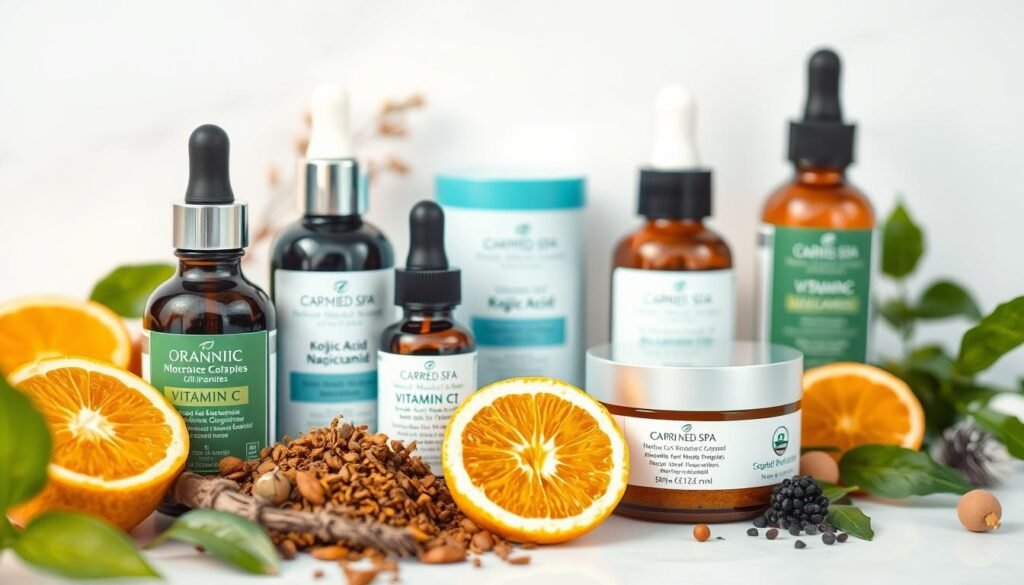 A high-quality close-up photograph of various natural skincare solutions for effective black spot removal, featuring Capri Med Spa's signature products. The image displays an array of organic ingredients such as vitamin C, kojic acid, and niacinamide, artfully arranged on a clean, white background. Soft, diffused lighting creates a bright, inviting atmosphere that highlights the products' purity and efficacy. The overall composition conveys a sense of professionalism, expertise, and a commitment to enhancing one's natural beauty through targeted, science-backed treatments.