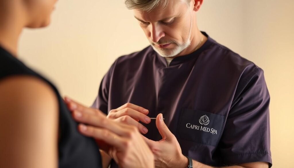 A middle-aged man in a Capri Med Spa smock is carefully examining a patient's scar. His face is framed by warm studio lighting, highlighting the intricate technique and focus in his expression. The patient's torso is gently revealed, showcasing the scar tissue to be treated with the clinic's specialized scar camouflage process. The background is softly blurred, directing attention to the central interaction. The overall atmosphere conveys a sense of professionalism, care, and expertise in the scar camouflage procedure.