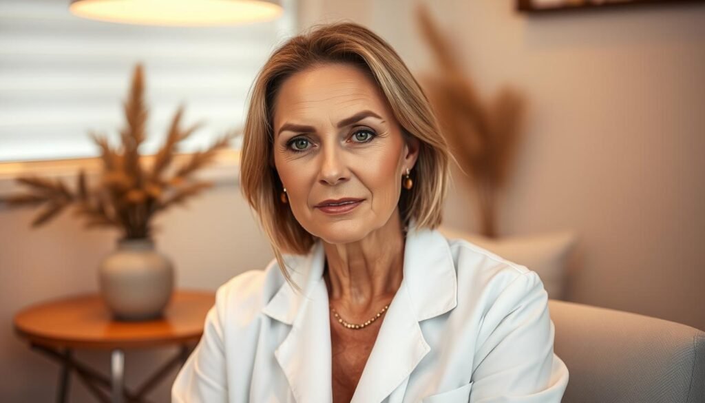 A middle-aged woman, a scar camouflage specialist, sits in a cozy room at Capri Med Spa, her face calm and focused. Warm, diffused lighting accentuates the texture of her skin and the intricate, well-blended makeup that seamlessly covers her facial scars. She wears a crisp, white lab coat, exuding an air of professionalism. In the background, a minimalist, soothing environment with neutral tones and natural textures creates a serene atmosphere, inviting the viewer to imagine the transformative treatments offered at Capri Med Spa.