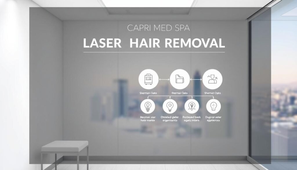 A minimalist, stylized medical poster showcasing Capri Med Spa's expertise in laser hair removal. A clean, well-lit examination room in the foreground, with crisp white walls and a sleek, modern aesthetic. In the middle ground, a simplified diagram of the laser hair removal process, with scientific-looking icons and clean typography. The background features a serene, blurred cityscape of Sherman Oaks, conveying a sense of professionalism and urban sophistication. The overall mood is one of trust, efficacy, and a hassle-free experience.