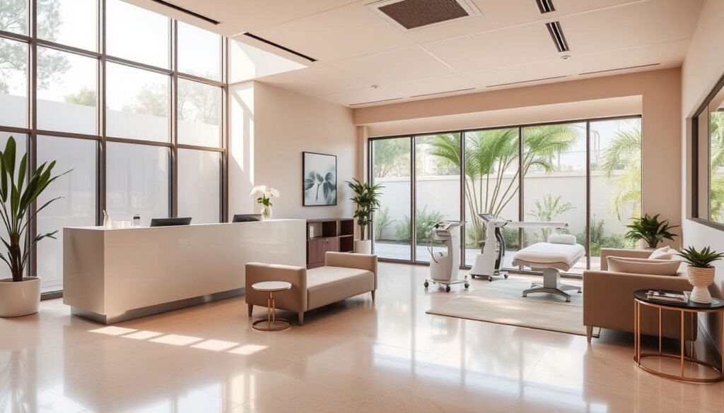 A modern and elegant medical spa, Capri Med Spa, nestled in the heart of Studio City, California. The spacious and well-lit interior features a calming neutral palette, sleek furnishings, and natural light streaming through large windows. In the foreground, a cozy reception area with a minimalist front desk and plush seating. In the middle ground, a private treatment room showcases the state-of-the-art equipment used for Cheeks Fillers procedures, bathed in warm, soft lighting. The background reveals a serene garden oasis visible through the panoramic windows, creating a tranquil and rejuvenating atmosphere. Throughout, the space exudes a sense of professionalism, comfort, and attention to detail that embodies the Capri Med Spa brand.