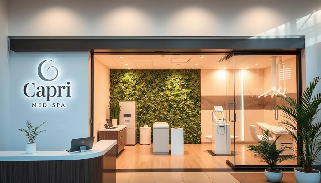 A modern and inviting Botox studio in the heart of Studio City, with the Capri Med Spa logo prominently displayed on the sleek, minimalist facade. The interior is filled with natural light, clean lines, and soothing neutrals, creating a sense of tranquility and professionalism. In the foreground, a receptionist's desk welcomes patients, while the middle ground showcases private treatment rooms with state-of-the-art medical equipment. The background features lush greenery and a warm, California-inspired color palette, evoking a serene and rejuvenating atmosphere. Precise, high-quality lighting and a slightly elevated camera angle capture the studio's sophisticated and inviting ambiance.