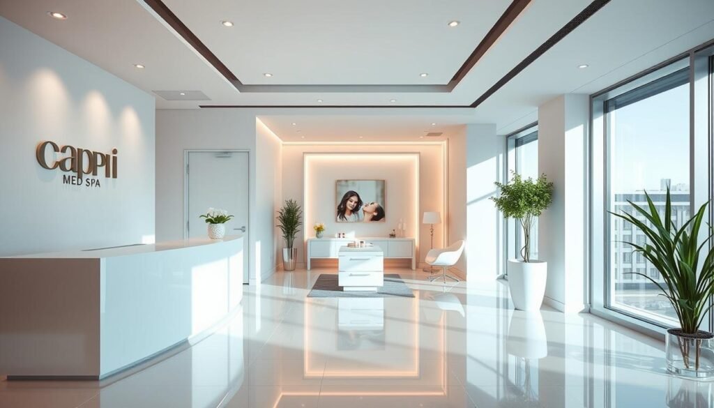 A modern and sleek Capri Med Spa interior, with a bright and airy atmosphere. The reception area features clean lines, a minimalist design, and large windows allowing natural light to fill the space. In the background, an elegant treatment room can be seen, with soothing lighting and calming decor. The space exudes a sense of tranquility and professionalism, conveying the expertise and care provided by the Capri Med Spa team. The image showcases the benefits of their scar treatment services, highlighting the spa's ability to create a welcoming and therapeutic environment for patients.