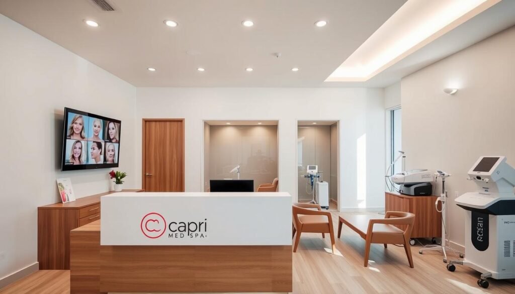 A modern, minimalist scar treatment clinic with a warm, inviting atmosphere. The interior features clean, white walls, sleek wooden furniture, and soft lighting from recessed ceiling fixtures. In the foreground, a reception desk with the Capri Med Spa logo prominently displayed. Behind it, a wall-mounted monitor showcases before-and-after scar treatment images. The middle ground reveals private consultation rooms with large windows allowing natural light to filter in. In the background, the clinic's state-of-the-art treatment equipment, including laser devices and dermal rollers, is neatly organized. The overall mood conveys professionalism, comfort, and a focus on patient care.