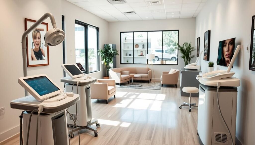 A modern, well-lit interior of Capri Med Spa's affordable stretch mark removal studio in Studio City. In the foreground, sleek medical equipment and aesthetic treatments are neatly arranged, conveying professionalism and quality. The middle ground features a warm, inviting reception area with comfortable seating and contemporary decor. The background showcases the studio's spacious layout, with large windows allowing natural light to flood the space, creating a calming, spa-like atmosphere. The overall mood is one of approachability, expertise, and a commitment to providing accessible, effective stretch mark removal services.