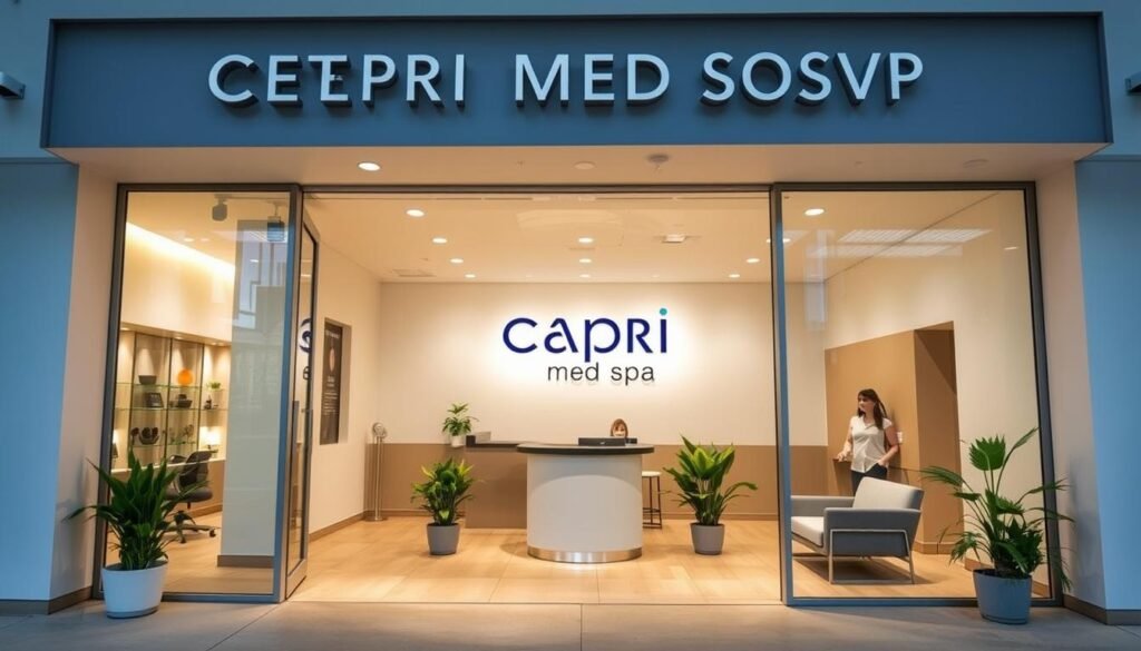 A modern, well-lit stretch mark removal clinic in Sherman Oaks, the Capri Med Spa. The exterior features a sleek, minimalist facade with large windows showcasing the inviting, clean interior. The reception area has a contemporary design with comfortable seating and potted plants, creating a calming atmosphere. In the background, the clinic's logo is prominently displayed, drawing attention to the Capri Med Spa brand. Patients can be seen through the windows, indicating the clinic's active operations. The overall scene conveys a professional, high-quality medical service focused on providing effective stretch mark treatments.