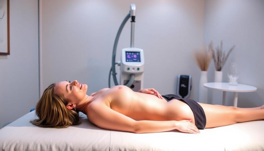 A real client success story from Capri Med Spa, featuring a serene scene of stretch mark treatment in Sherman Oaks. In the foreground, a woman reclines comfortably on a treatment table, her skin radiant as Capri Med Spa's advanced laser technology targets her stretch marks. Soft lighting bathes the scene, creating a warm, tranquil atmosphere. In the middle ground, state-of-the-art medical equipment stands ready, symbolizing the expertise and care provided by the Capri Med Spa team. The background showcases the calming, spa-like decor of the treatment room, with clean lines and natural accents that put the client at ease. This image embodies the Capri Med Spa brand's commitment to delivering exceptional stretch mark removal results in a serene, professional setting.