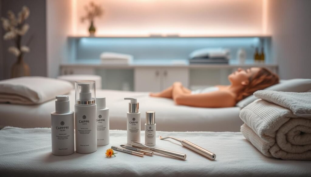 A relaxing scene in a tranquil, spa-like setting. In the foreground, neatly arranged skincare products and tools from the Capri Med Spa, hinting at the advanced aftercare techniques. The middle ground features a serene, softly lit environment with plush towels, soothing textures, and calming colors. The background showcases elegant, minimalist decor that exudes a sense of professionalism and expertise. Optimal lighting and angles highlight the high-quality, state-of-the-art equipment and products, creating an atmosphere of advanced, personalized care. The overall mood is one of relaxation, comfort, and confidence in the Capri Med Spa's ability to deliver outstanding results.