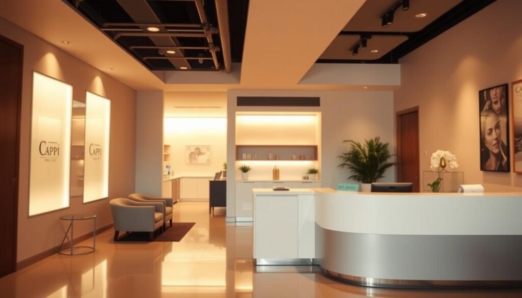 A serene and inviting scene showcasing the Capri Med Spa in Studio City, California. The interior is bathed in warm, diffused lighting, creating a calming atmosphere. In the foreground, a sleek and modern reception desk is visible, along with comfortable seating arrangements. The middle ground features a clean, minimalist aesthetic with white walls and subtle decorative accents. In the background, a view of the spa's treatment rooms is visible, suggesting the expertise and professionalism of the Capri Med Spa team. The overall impression is one of a sophisticated, yet welcoming space dedicated to providing exceptional acne removal and skincare services.