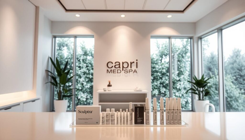 A serene and minimalist medical spa interior, featuring a prominent Sculptra display in the foreground. The lighting is soft and diffused, casting a warm glow on the sleek, modern decor. The Capri Med Spa logo is discreetly displayed on the wall, complementing the overall aesthetic. In the middle ground, various dermal filler products are neatly arranged, inviting closer inspection. The background showcases the spa's large windows, offering a glimpse of the lush greenery outside, creating a calming and rejuvenating atmosphere.