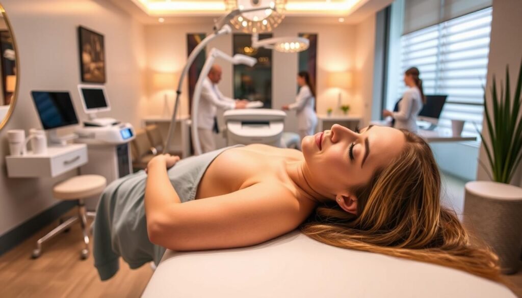 A serene and tranquil medical spa in Sherman Oaks, the Capri Med Spa, showcases the benefits of scar removal. In the foreground, a patient reclines comfortably on a treatment table, their skin smooth and radiant after a successful procedure. The middle ground features state-of-the-art medical equipment and a team of skilled professionals tending to the patient's needs. The background depicts a calming, spa-like atmosphere with soft lighting, soothing colors, and elegant decor, conveying a sense of relaxation and rejuvenation. The overall scene exudes professionalism, expertise, and a commitment to restoring confidence and well-being.