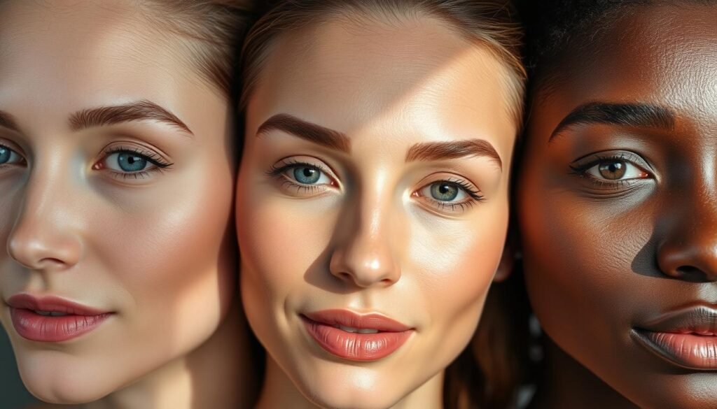 A serene, high-resolution close-up image of three diverse skin types - fair, medium, and dark - displaying the ideal complexion for Capri Med Spa's powdered brows treatment. The subjects have smooth, even-toned skin with a natural, healthy glow, highlighting the potential of this cosmetic procedure. The lighting is soft and flattering, creating dimensional shadows that accentuate the facial features. The composition is balanced, with the subjects' faces positioned in the center, filling the frame. The overall mood is relaxed and confident, showcasing the transformative power of Capri Med Spa's powdered brows.