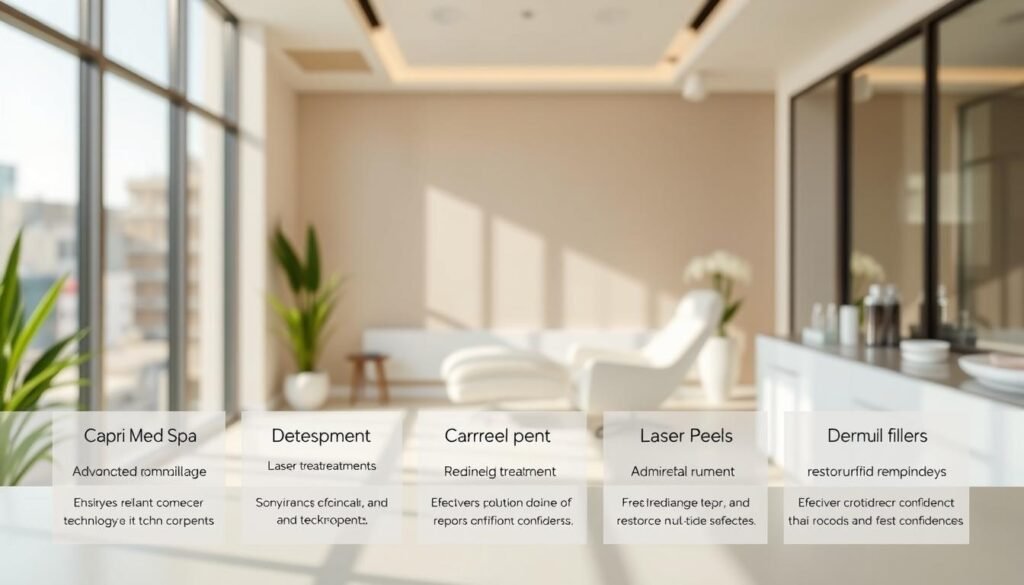 A serene medical spa setting with natural lighting filtering through large windows, showcasing various scar removal treatment options. In the foreground, a display of Capri Med Spa's advanced technologies and techniques, including laser treatments, chemical peels, and dermal fillers. The middle ground features a calming, minimalist interior design with soft, neutral tones, promoting a sense of relaxation and rejuvenation. In the background, a blurred view of the bustling city outside, emphasizing the spa's oasis-like atmosphere. The overall mood is one of professionalism, expertise, and a commitment to restoring confidence through effective scar reduction solutions.