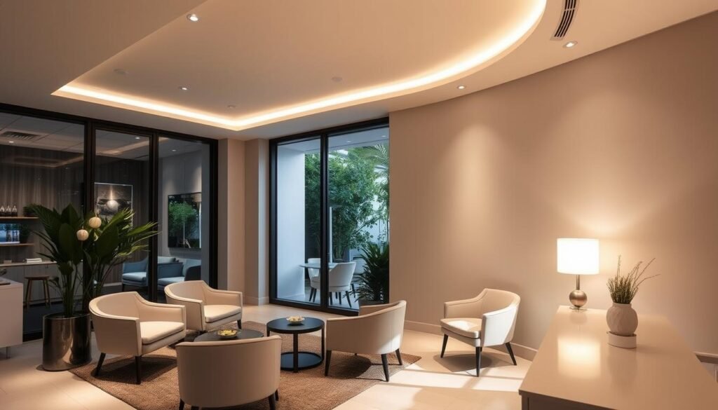 A serene, modern interior of the Capri Med Spa's Scalp Micropigmentation studio in Studio City. Soft, diffused lighting creates a calming atmosphere, illuminating the sleek, minimalist reception area with its clean lines and neutral tones. Comfortable chairs and stylish decor invite clients to relax and feel at ease. In the background, a subtly textured wall adds depth and visual interest, while large windows allow natural light to filter in, creating a bright and airy ambiance. The overall scene conveys a sense of professionalism, expertise, and attention to detail that reflects the high-quality services offered by Capri Med Spa.