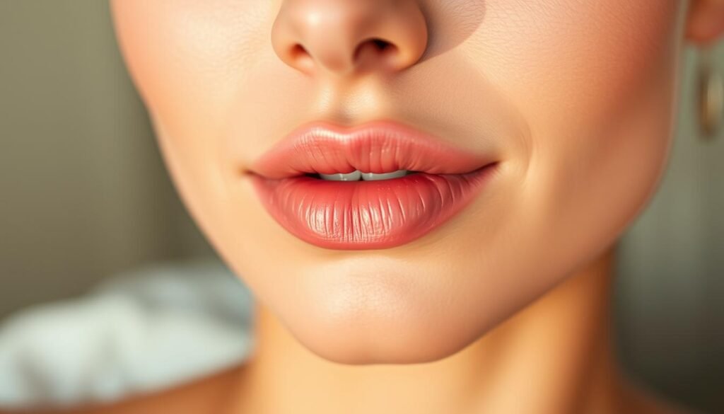 A serene, softly lit close-up of a set of naturally defined, vibrant lips against a blurred background. The lips have a subtle, luminous sheen from the application of Capri Med Spa's lip blushing treatment, creating a healthy, youthful appearance. The lighting is warm and diffused, accentuating the natural contours and creating a sense of depth and dimension. The angle is slightly angled, capturing the lips in a flattering, three-quarter view. The overall mood is one of relaxation, confidence, and natural beauty.