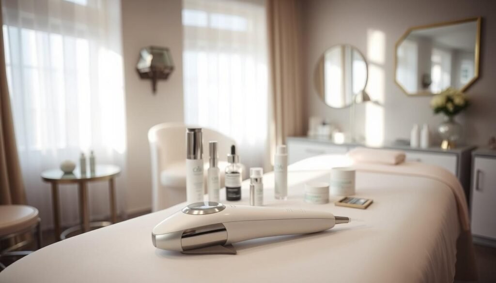 A serene treatment room at the Capri Med Spa, with soft natural lighting filtering through the windows. On a clean, minimalist table, an array of dark spot reduction serums, creams, and applicators are neatly displayed. The foreground showcases a high-end dermatological tool, its sleek design and modern accents suggesting advanced technology. The midground features a soothing, neutral-toned color palette, while the background subtly hints at the spa's luxurious ambiance with hints of elegant decor. The overall atmosphere conveys a sense of professionalism, efficacy, and tranquility, perfectly suited for the "Pricing and Payment Options for Treatments" section of the article.