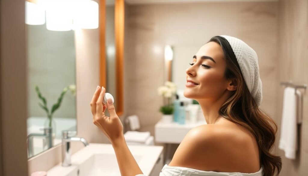 A serene, well-lit bathroom setting with soft, diffused lighting. In the foreground, a woman gently applies a soothing, fragrance-free moisturizer to her freshly laser-treated skin, her expression one of calm and relaxation. In the middle ground, a sleek, minimalist vanity with Capri Med Spa branding, showcasing high-quality skincare products. The background features neutral-toned walls and tile, creating a spa-like ambiance. The entire scene conveys a sense of post-treatment care and rejuvenation, encouraging optimal results.