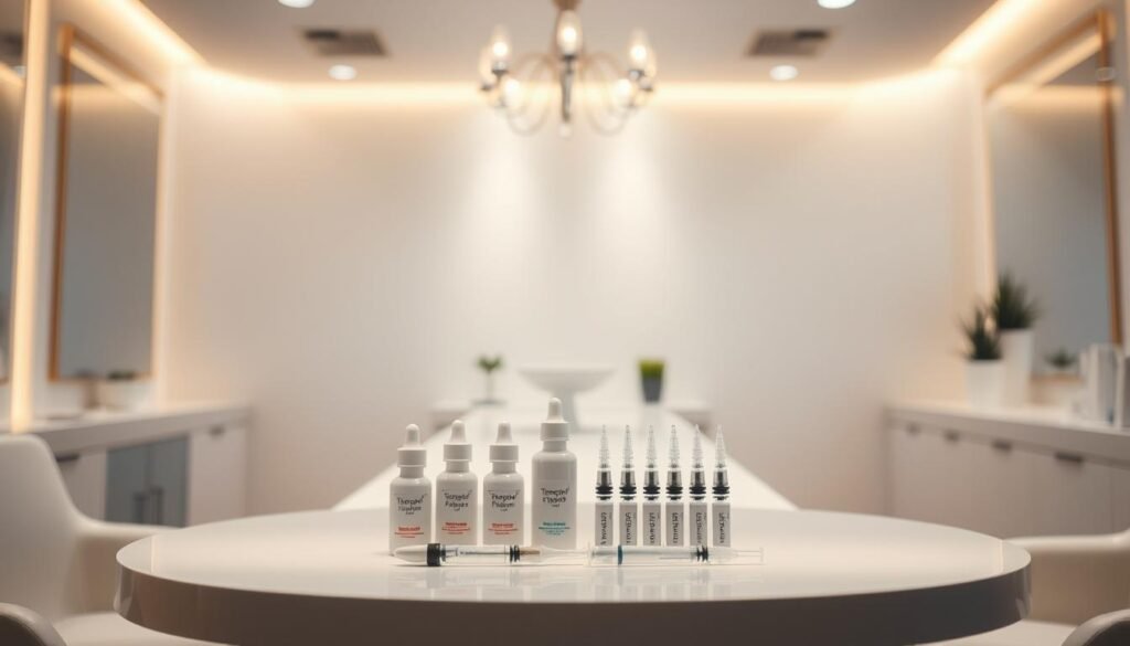 A serene, well-lit interior of the Capri Med Spa in Studio City, featuring a modern, minimalist design. The focus is on a table displaying various temple filler products, captured from a slightly elevated angle to showcase the professional and clinical atmosphere. The lighting is warm and diffused, creating a sense of comfort and trust. The table is neatly organized, with the temple filler bottles and syringes arranged in a visually appealing manner, conveying a sense of expertise and attention to detail. The background is blurred, allowing the viewer to concentrate on the key subject matter - the temple filler products and their cost.