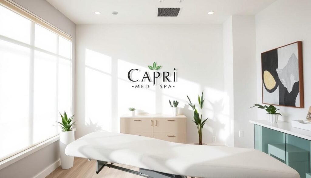 A sleek, modern dermal fillers studio in Studio City, California. Bright, natural lighting floods the minimalist, clinical space, creating a serene and professional atmosphere. The Capri Med Spa logo is prominently displayed, signaling the high-quality medical aesthetics services offered within. In the foreground, a clean, white treatment table is the focal point, conveying a sense of precision and care. Subtle, soothing accents such as potted plants and abstract artwork adorn the space, creating a calming, spa-like ambiance. The overall image evokes a sense of trust, expertise, and attention to detail - crucial elements for a successful dermal fillers treatment experience.