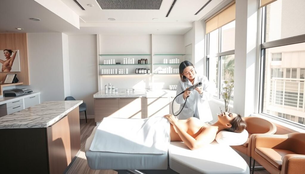 A sleek, modern laser hair removal studio in Studio City, California. The Capri Med Spa facility features a bright, airy interior with clean lines and minimalist decor. Sunlight streams in through large windows, casting a warm glow over the state-of-the-art laser equipment. In the foreground, a patient reclines comfortably on a treatment table as a technician in a crisp white lab coat prepares the laser handpiece. The middle ground showcases the studio's reception area, with a marble-topped counter and plush leather seating. In the background, shelves display an array of premium skincare products from the Capri Med Spa brand. The overall atmosphere conveys a sense of professionalism, innovation, and relaxation.