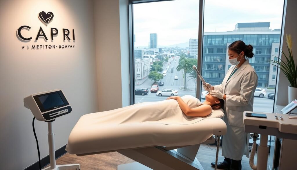 A sleek, modern medical spa interior with a large window overlooking the bustling streets of Sherman Oaks. In the foreground, a patient is reclining comfortably on a treatment table, receiving a laser hair removal procedure from a skilled clinician wearing a white lab coat. The Capri Med Spa logo is displayed prominently on the wall. Soft, diffused lighting creates a calming atmosphere, while the equipment and tools suggest a high-tech, professional setting. The background reveals city skyline views, adding a touch of urban sophistication. An overall sense of expertise, efficiency, and customer care is conveyed.