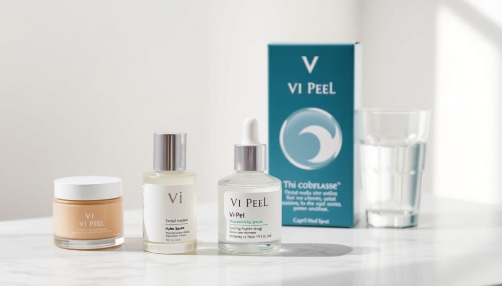 A softly lit skincare still life showcasing the essential aftercare products for a VI Peel treatment at Capri Med Spa. In the foreground, a tinted moisturizer, a hydrating serum, and a soothing aloe vera gel are artfully arranged on a marble surface. The middle ground features a VI Peel box alongside a glass of water, underscoring the importance of proper hydration. The background is a serene, minimalist setting with clean white walls, conveying a sense of tranquility and relaxation. The overall mood is calming and aspirational, inviting the viewer to envision their own rejuvenating VI Peel experience at Capri Med Spa.