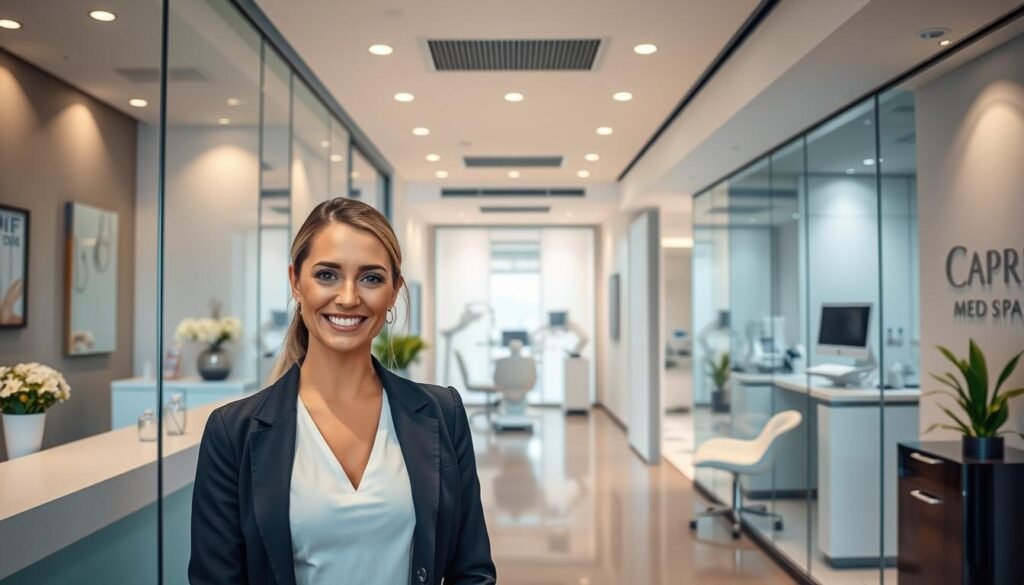A state-of-the-art medical clinic with a chic, modern interior design. The entrance features a sleek glass facade and an elegant reception area with minimalist decor. In the foreground, a well-dressed receptionist greets patients with a warm smile. The middle ground showcases a bright, airy treatment room filled with advanced medical equipment. In the background, a hallway leads to private consultation rooms where Capri Med Spa's skilled practitioners provide personalized Botox treatments. Soft, directional lighting accentuates the clinic's sophisticated ambiance, conveying a sense of professionalism and care.