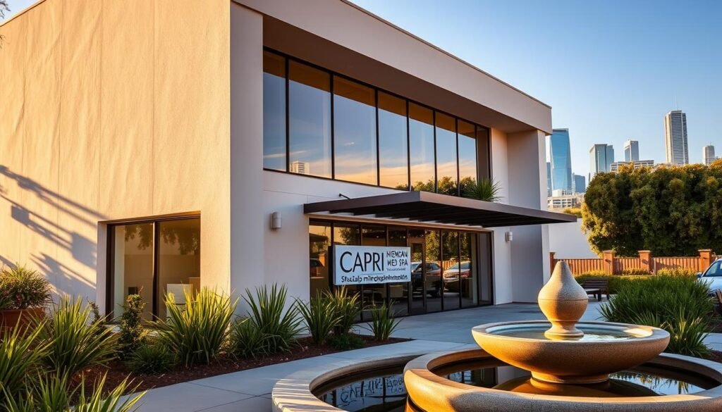 A stunning exterior view of the Capri Med Spa in Sherman Oaks, Los Angeles, bathed in warm, golden afternoon light. The building's modern, minimalist architecture is highlighted by clean lines and large windows, exuding a sense of tranquility and professionalism. The foreground features a well-manicured landscape with lush greenery and a soothing water feature, inviting visitors to relax and unwind. In the middle ground, the Capri Med Spa's signage is prominently displayed, reflecting the clinic's commitment to excellence in scalp micropigmentation services. The background showcases the vibrant cityscape of Los Angeles, with towering skyscrapers and a clear, blue sky, creating a harmonious blend of urban and natural elements.