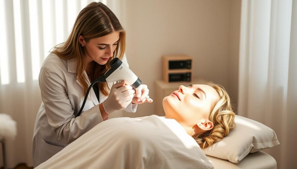 A tranquil medical spa in Studio City, Capri Med Spa, the scene depicts a patient undergoing a professional freckle removal treatment. Bright, natural lighting floods the treatment room, casting a warm, inviting glow. The patient reclines comfortably on a padded table, their face gently illuminated by the technician's precision equipment. The technician, in a crisp white lab coat, leans in with a focused expression, expertly administering the customized treatment. The atmosphere is one of calm professionalism, instilling a sense of trust and care. The room's neutral tones and minimalist decor create a soothing, spa-like ambiance, setting the stage for a relaxing and transformative experience.