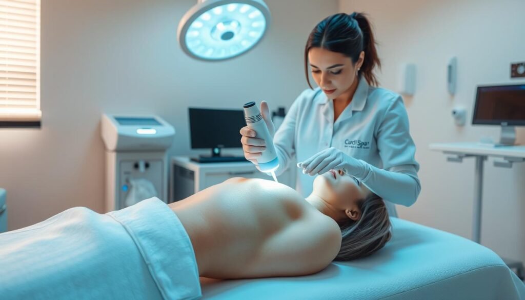A tranquil, sterile medical room with soft lighting and a soothing atmosphere. In the foreground, a patient lies comfortably as a Capri Med Spa technician uses a state-of-the-art laser device to gently and precisely remove a birthmark from their skin. The technician's movements are calm and deliberate, reflecting the non-invasive nature of the procedure. The background features modern medical equipment and supplies, conveying a sense of professionalism and expertise. The overall scene exudes a sense of care, comfort, and the latest advancements in birthmark removal technology.