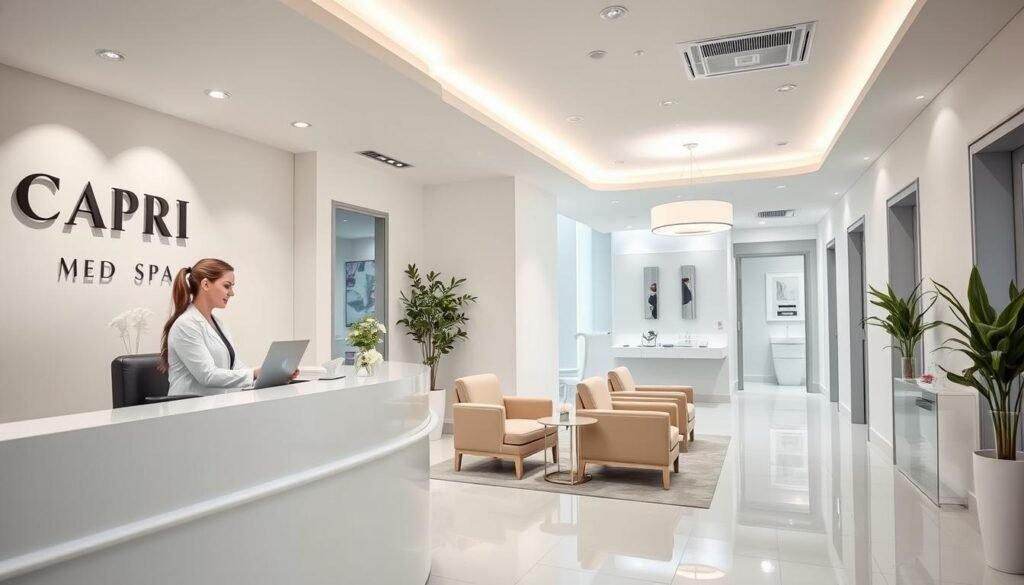 A well-lit and sterile interior of Capri Med Spa, a modern skincare clinic. In the foreground, a clean reception desk with a nurse in a white coat checking in a patient. The middle ground features a waiting area with plush chairs and minimalist decor, while the background showcases a hallway leading to private treatment rooms. The atmosphere is serene and professional, conveying a sense of safety and expertise. Soft, diffused lighting illuminates the space, and the overall aesthetic is sleek, calming, and hygienic, in line with the high standards of the Capri Med Spa.