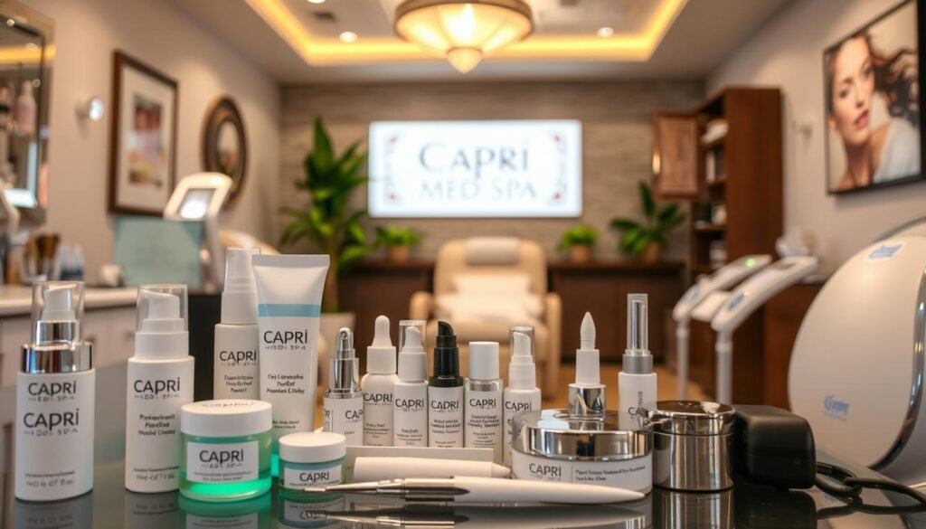 A well-lit, high-resolution image of various wrinkle reduction treatments at Capri Med Spa's Wrinkle Removal Studio City. In the foreground, showcase a selection of professional-grade skincare products, tools, and devices used for procedures like laser treatments, chemical peels, and microneedling. In the middle ground, depict a soothing, spa-like environment with comfortable treatment chairs and calming decor. In the background, include signage or branding elements that prominently feature the Capri Med Spa logo and name. Convey a sense of relaxation, rejuvenation, and expert care tailored to the needs of the client.