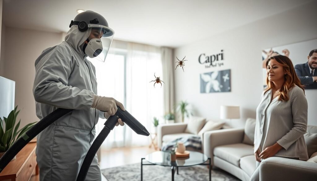 A well-lit, high-resolution photograph of a residential spider removal service in progress. The foreground shows a professional exterminator dressed in protective gear using a vacuum hose to gently remove a large spider from the corner of a room. The middle ground depicts the client, a concerned homeowner, observing the process with a mix of relief and unease. The background showcases the clean, modern interior of a Capri Med Spa location, with sleek furnishings and natural lighting filtering through the windows. The overall atmosphere conveys a sense of professionalism, efficiency, and a commitment to providing a safe and effective spider removal solution for the client.