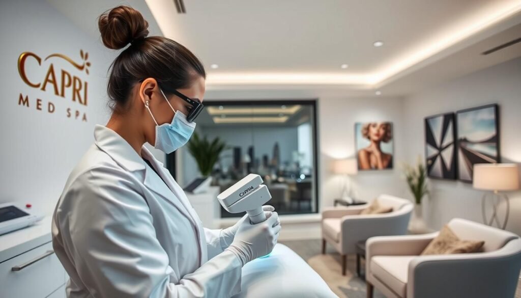 A well-lit, modern stretch mark removal studio with the Capri Med Spa branding prominently displayed. The interior features clean, minimalist decor with soft lighting and sleek medical equipment. In the foreground, a technician in a white lab coat performs a non-invasive laser treatment on a client's skin, showcasing the studio's expertise in stretch mark reduction. The middle ground highlights the studio's relaxing ambiance, with plush chairs and soothing artwork on the walls. The background reveals the studio's location in the heart of Studio City, with a glimpse of the city skyline through large windows.
