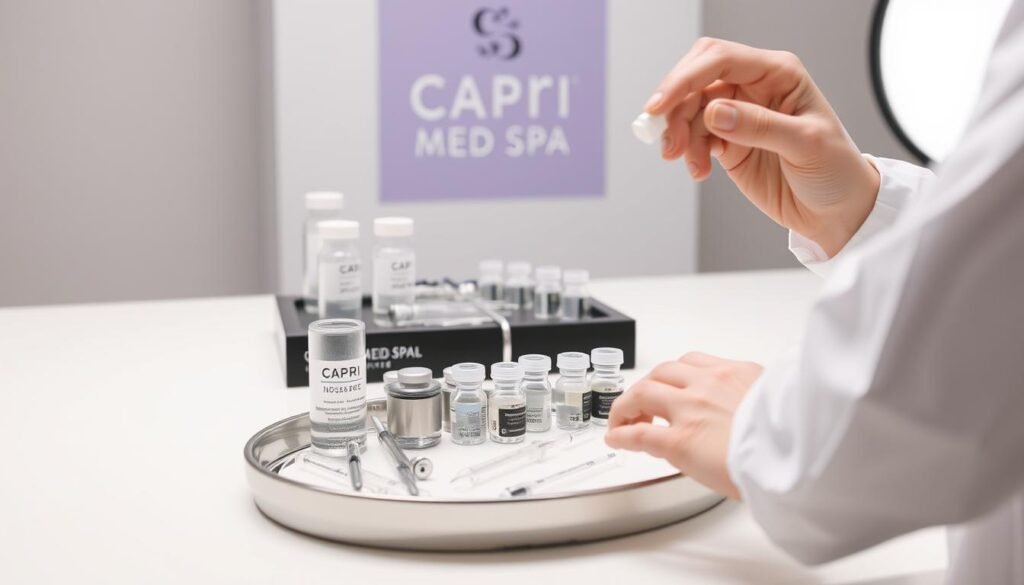 A well-lit studio setting with a Capri Med Spa branded workspace showcasing the process of preparing NasoLabial folds fillers. In the foreground, a medical professional's hands carefully measuring and mixing the injectable solution. In the middle ground, a tray of sterile medical instruments and vials neatly arranged. The background features a clean, minimalist aesthetic with soft, even lighting, creating a professional and reassuring atmosphere for the patient.