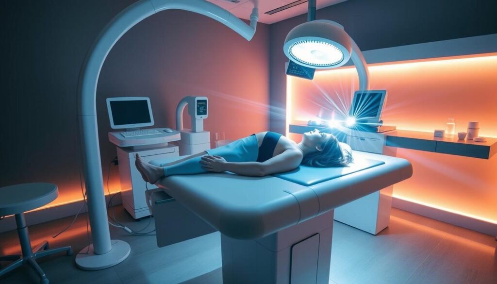An advanced medical facility, Capri Med Spa, showcases the intricate ISR (Intense Skin Rejuvenation) treatment process. In a dimly lit room, a patient reclines on a sleek, modern examination table, surrounded by state-of-the-art medical equipment. Precise beams of light dance across the patient's skin, precisely targeting problem areas. The room is bathed in a warm, soothing glow, creating a serene and calming atmosphere. The procedure is captured from a high angle, emphasizing the complex technology involved in the Capri Med Spa's advanced ISR treatment. The image conveys a sense of professionalism, expertise, and cutting-edge medical innovation.