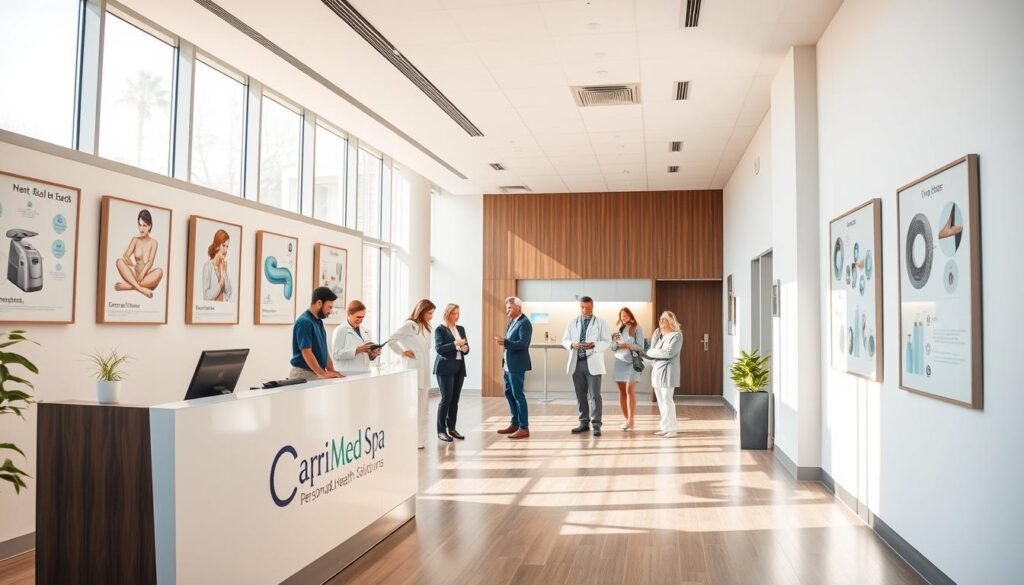 An airy, modern medical office with floor-to-ceiling windows, bathed in warm natural light. In the foreground, a sleek reception desk with the Capri Med Spa logo prominently displayed. On the walls, framed illustrations and infographics showcasing various personalized health solutions - from innovative treatments to cutting-edge diagnostic tools. In the middle ground, a group of patients engaged in friendly conversation, some reviewing tablets or smartphones. The atmosphere is calm and welcoming, exuding a sense of professionalism and personalized care. The overall scene conveys a state-of-the-art facility dedicated to providing tailored health solutions for its patients.