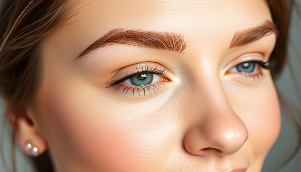 Close-up shot of a woman's face, focusing on her perfectly groomed eyebrows. The brows are meticulously shaped and filled in with a natural-looking powdered brow makeup, creating a flawless, effortless appearance. Soft, flattering lighting illuminates the skin, adding a luminous glow. The model's expression is relaxed and confident, showcasing the results of her visit to Capri Med Spa, a premier provider of professional brow services. The image conveys a sense of polished beauty and effortless sophistication.