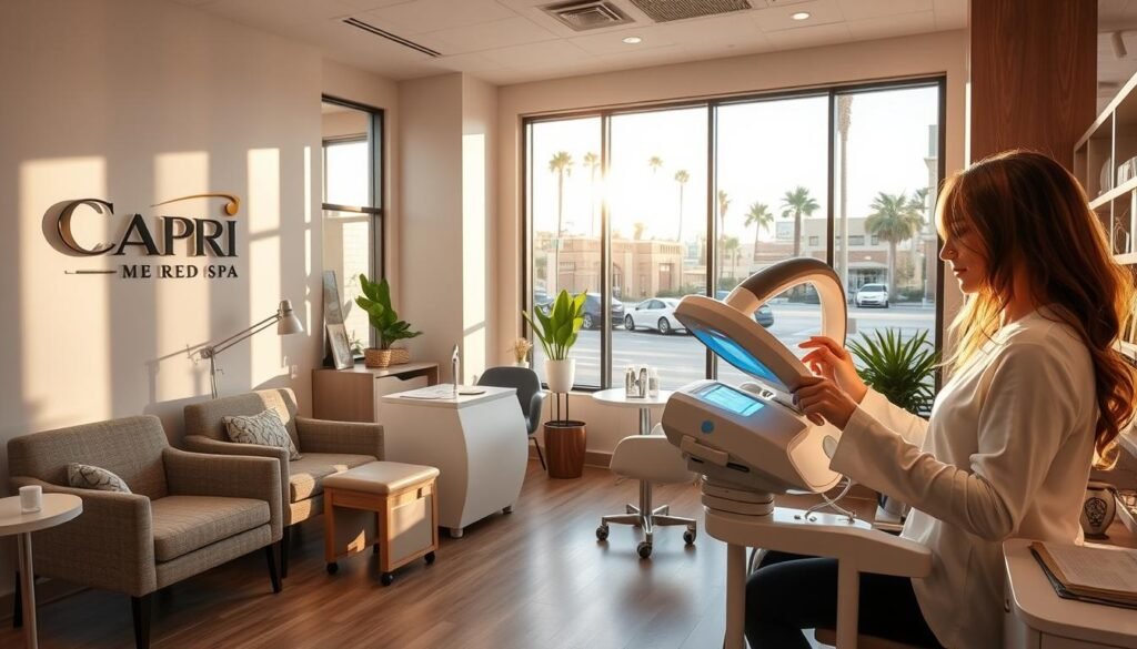 Prompt A pristine, sun-lit medical spa interior with a warm, inviting atmosphere. The Capri Med Spa logo prominently displayed on the reception desk. Comfortable seating arrangements and modern, minimalist decor create a calming ambiance. In the foreground, a professional beautician demonstrates the latest brown spot removal treatment using advanced equipment. The middle ground showcases various skin care products and consultation materials. The background features large windows overlooking the picturesque streets of Studio City, Los Angeles.