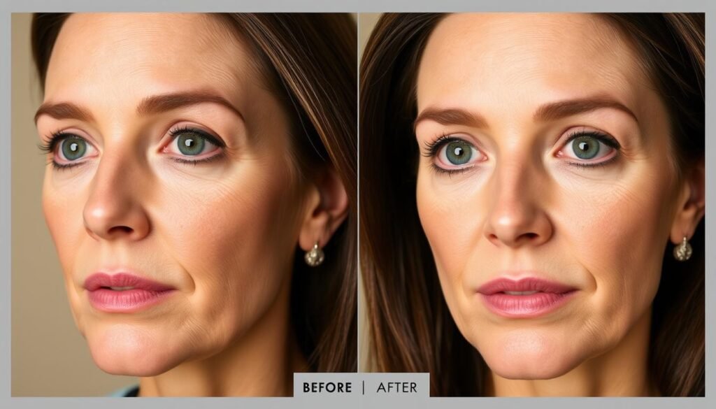 Temples Fillers Before and After: Close-up portrait shots of a woman's face, showcasing the transformative effects of Capri Med Spa's temple filler treatments. In the "before" image, the temples appear sunken and hollow, creating an aged, tired look. The "after" image reveals a more youthful, rejuvenated appearance, with the temples plump and lifted, restoring facial balance and a vibrant glow. Soft, diffused lighting highlights the skin's texture and definition, captured with a medium telephoto lens at eye level. The warm, natural tones and muted background create a calming, clinical atmosphere, emphasizing the professional, high-quality results of the Capri Med Spa treatments.