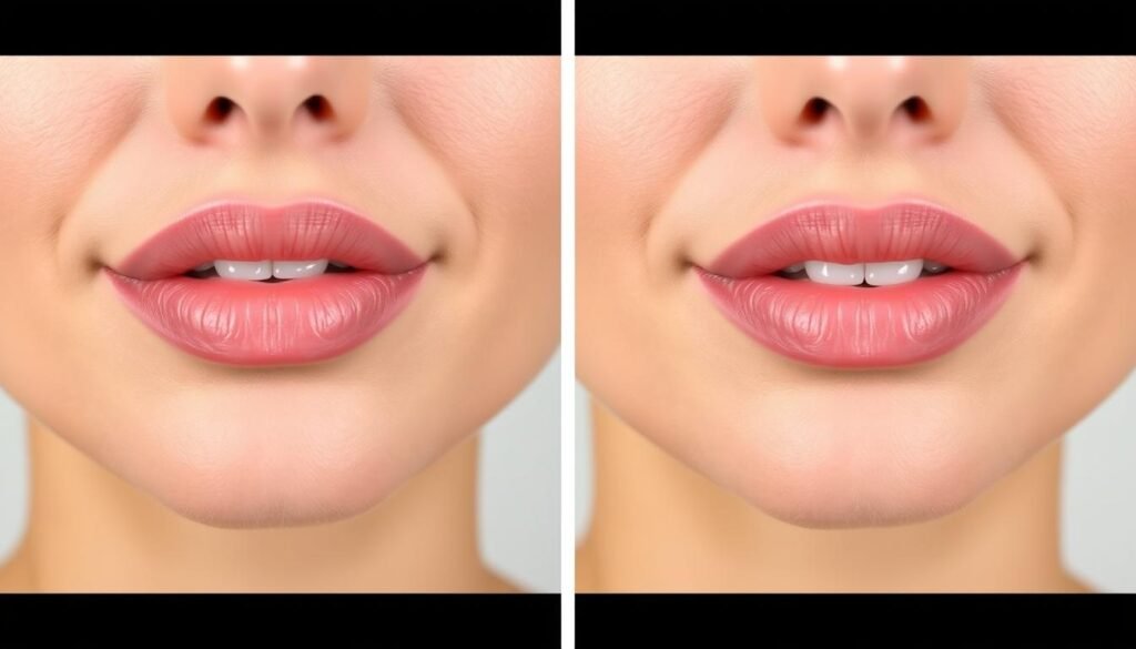 Two high-resolution close-up studio photographs of a female model's lips, one before and one after a lip blushing treatment at Capri Med Spa. The before image shows natural, lightly pigmented lips. The after image depicts fuller, more vibrant lips with a natural, healthy flush. The lighting is soft, even, and flattering, highlighting the texture and definition of the lips. The background is a plain, seamless white. The overall mood is clean, clinical, and focused on showcasing the transformative results of the lip blushing procedure.